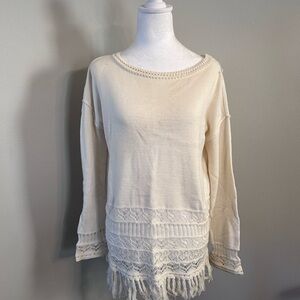 Cream Knit Sweater with Fringe Hem